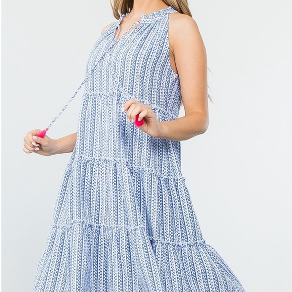 THML Geometric Tiered Ruffle Tassel Dress - Blue/White - Size Small - NWT - Picture 4 of 12